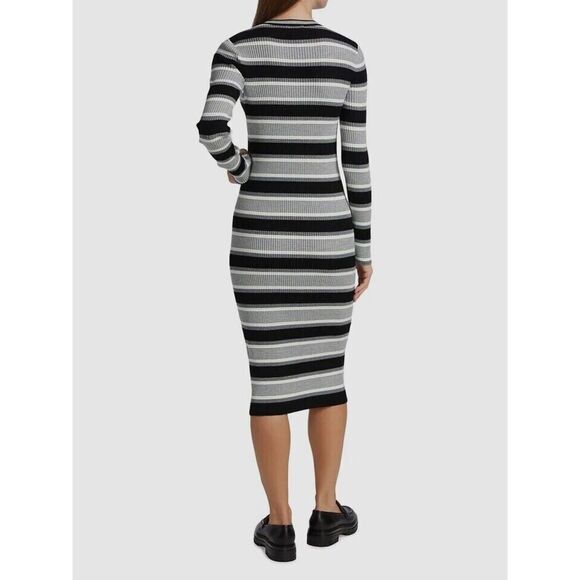 Theory Women's Sz Medium Gray Wool Striped-Knit Crewneck Midi Sweater Dress $445 - Picture 2 of 4